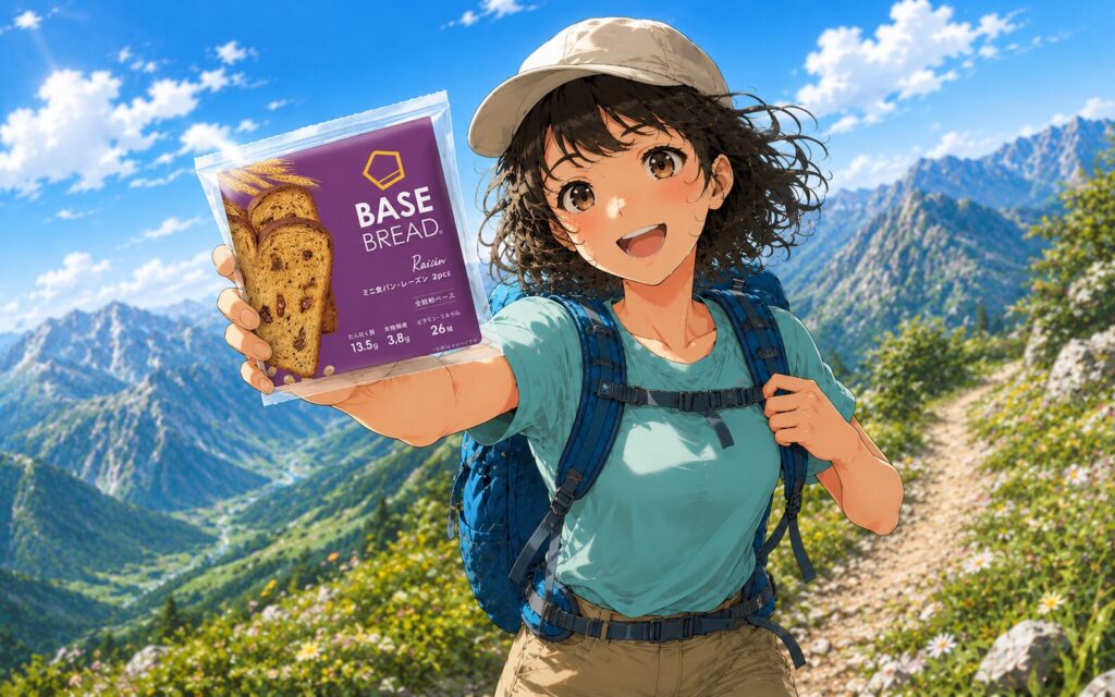 山でベースブレッドを持って歩く女性のイラスト