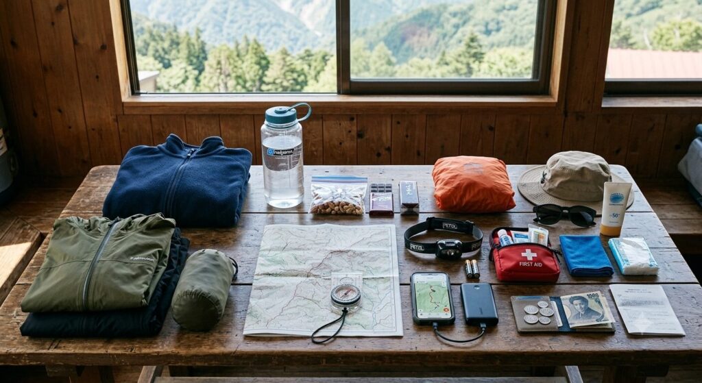 日帰り登山でも持っていくべきアイテムのイラスト