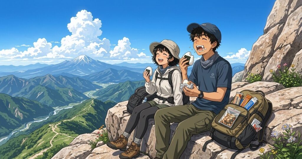 高所登山の絶景を楽しみながらおにぎりをほおばるちぃとかめぴ