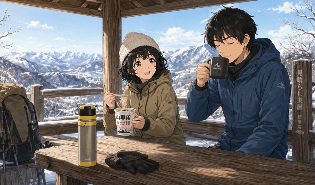 山専ボトルで暖かい飲食ができてうれしい二人組のイラスト