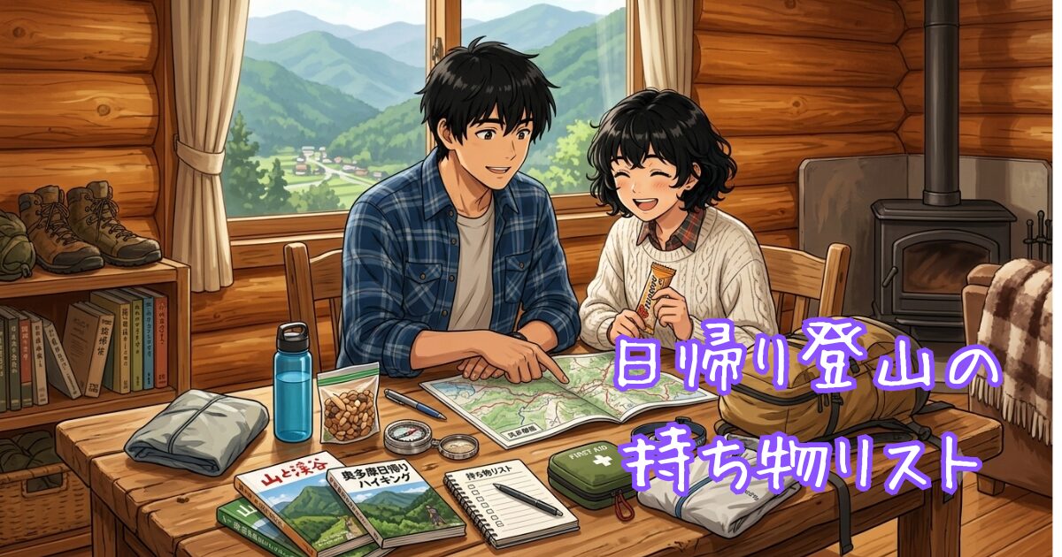 日帰り登山の持ち物をまとめて準備している二人のイラスト