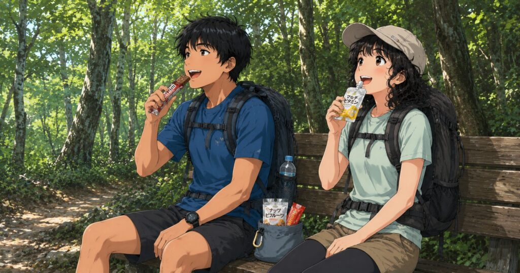行動食を休憩中に食べる二人のイラスト