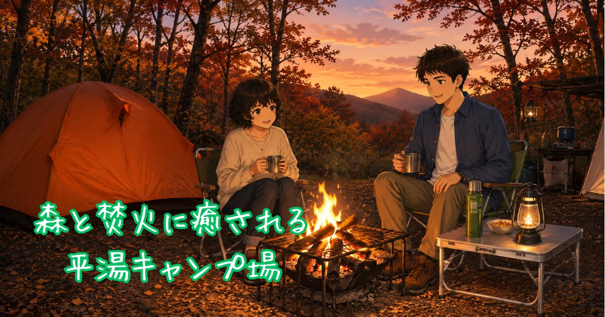 平湯キャンプ場で焚火を楽しむ男女のイラスト
