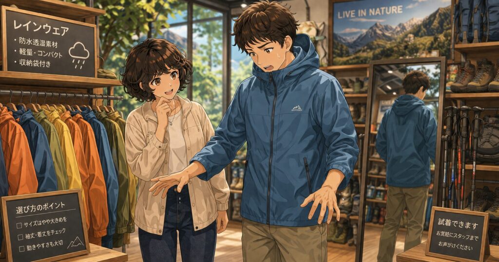 レインウェアのフィッティングをして、自分の体型と合わないことに気付いた男性のイラスト