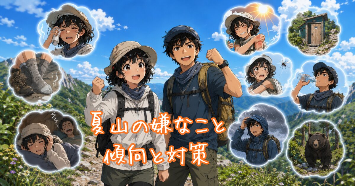 夏山のデメリットに負けずに楽しむ二人のイラスト
