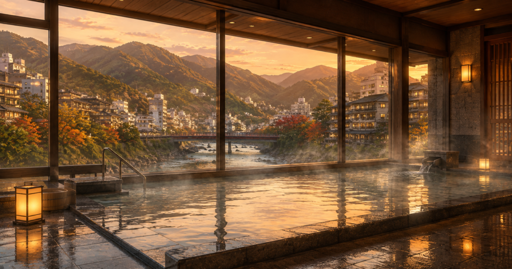 下呂の街並みと山を眺められる水明館の展望大浴場をイメージしたイラスト