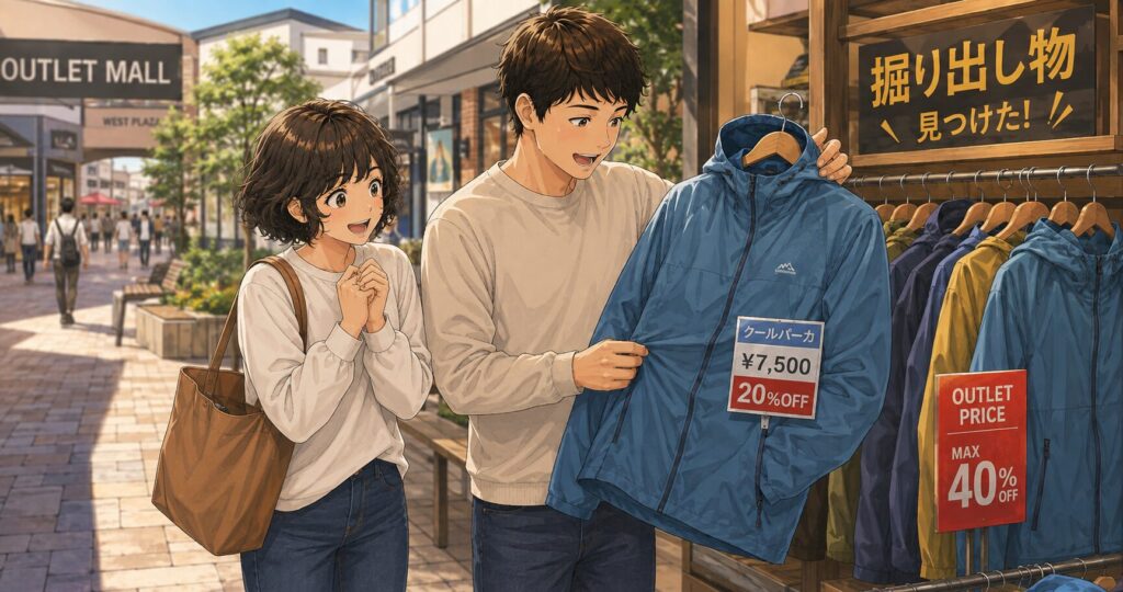 アウトレットで掘り出し物を見つけて喜ぶ二人のイラスト