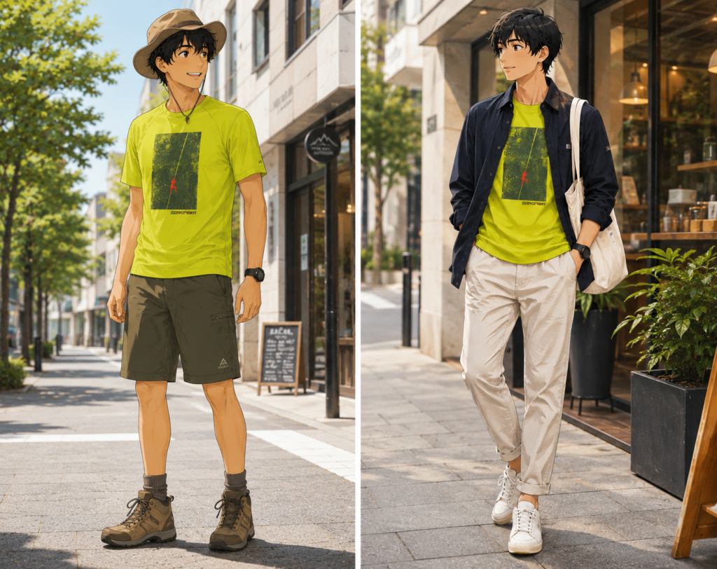 アウトドアウェアを山向けと街向けに着分けた比較イラスト