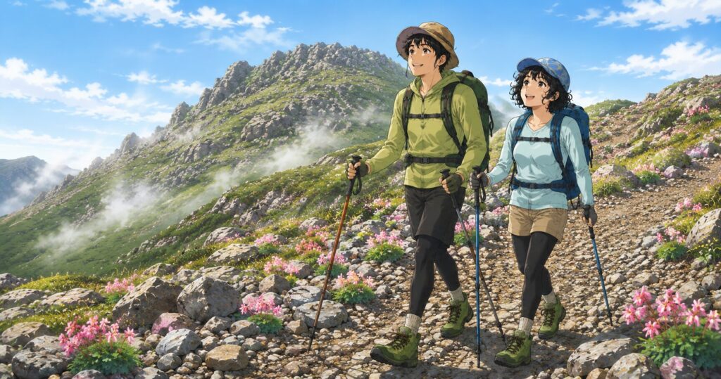 砂や岩がゴロゴロした登山道に咲くコマクサのイラスト
