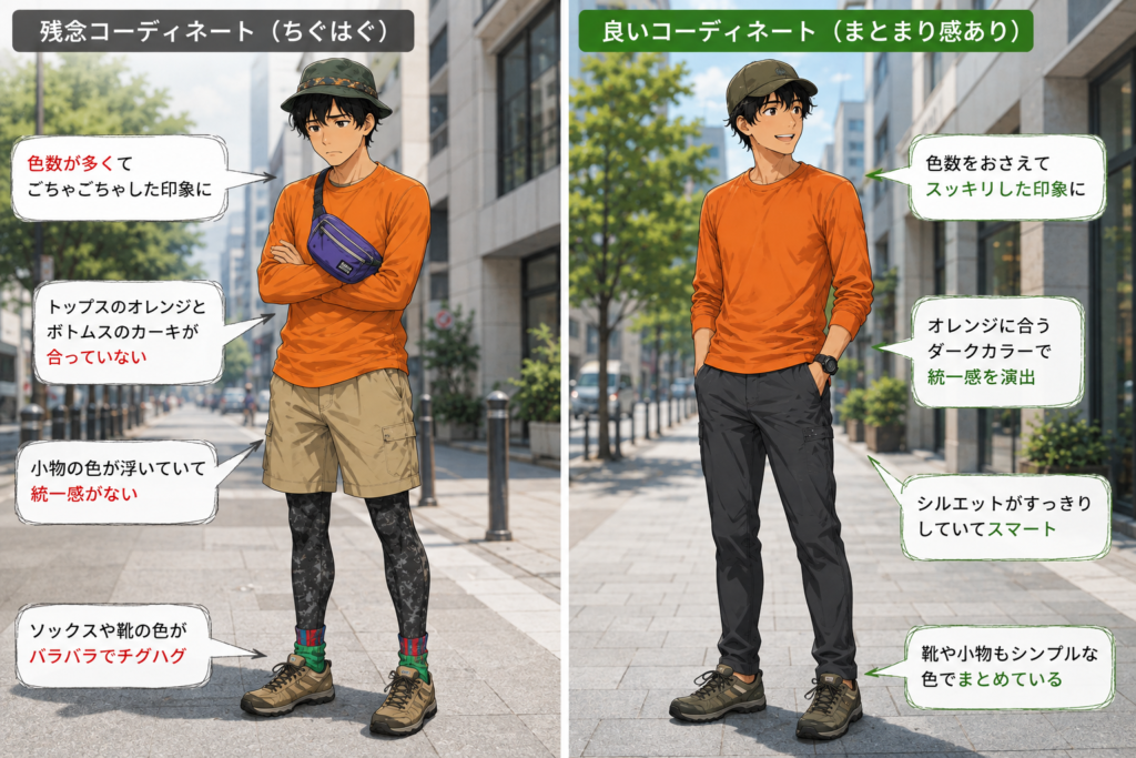 モンベルの服の残念なコーディネートと良いコーディネートを比較したイラスト