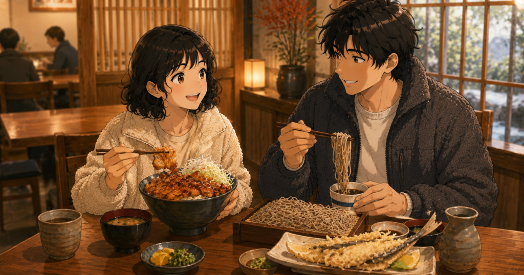 下呂温泉のせん田゛で丼料理と蕎麦を楽しむちぃとかめぴのイラスト