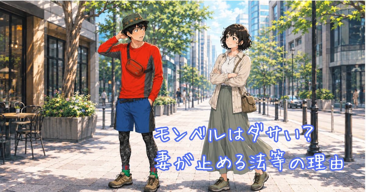 モンベルの服を着て街で浮いている男性とそれを見る女性のイラスト
