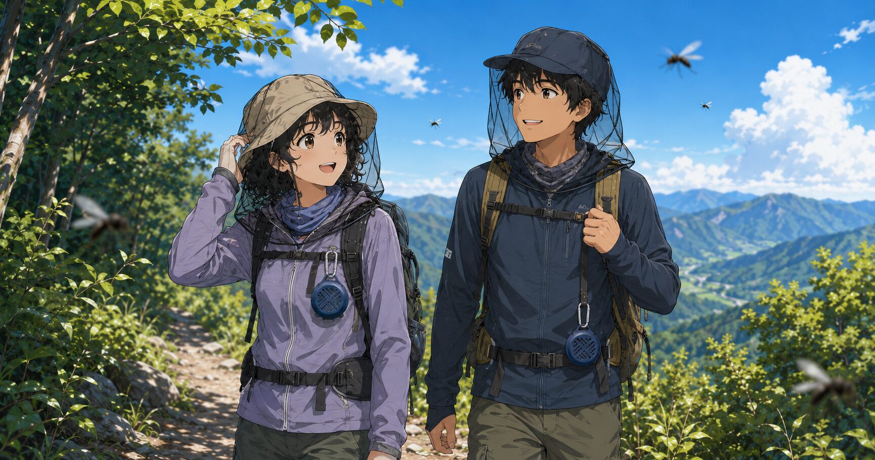 虫対策をして山歩きを楽しむ二人のイラスト