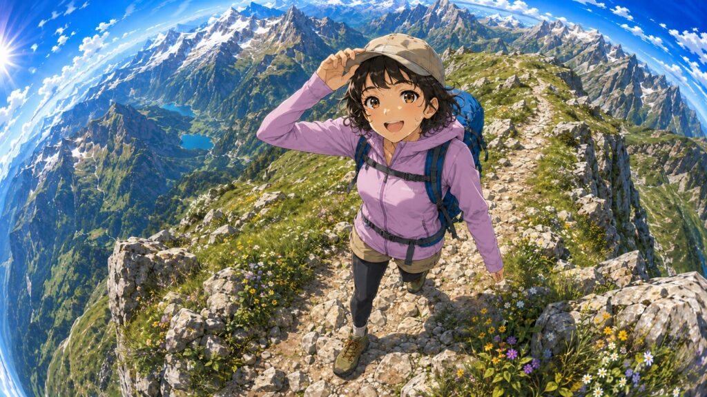クールパーカを着て夏山を楽しそうに歩く女性のイラスト
