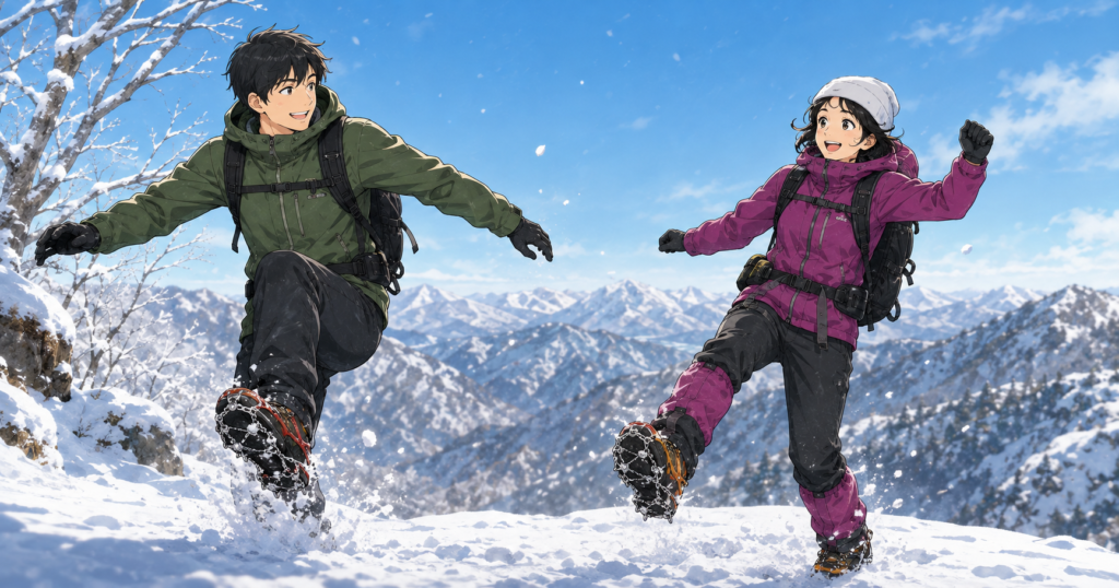 雪山ではしゃぐ二人のイラスト