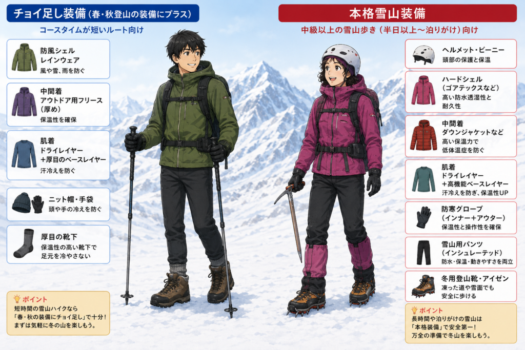 冬用装備の初心者と本格装備の違いを表したイラスト