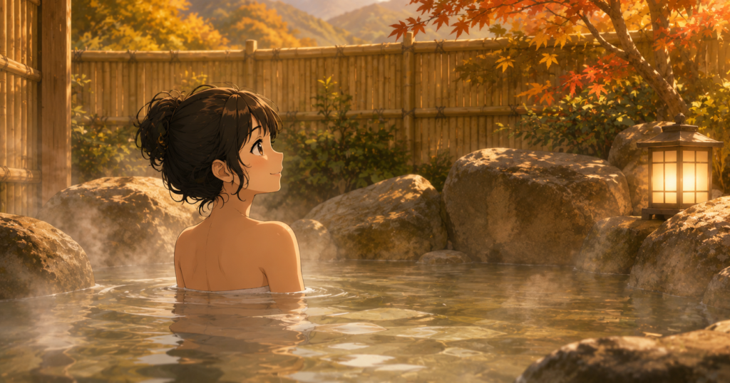 下呂温泉の露天風呂で紅葉を眺めながらくつろぐ女性のイラスト