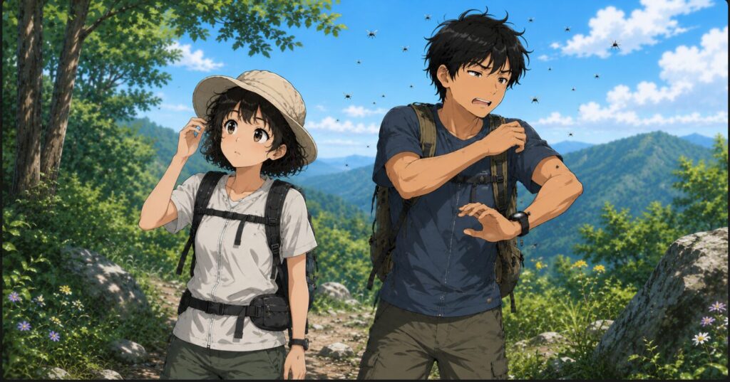 虫が寄ってきて不快な思いをする男性とあまり寄ってこなくてきょとんとしている女性のイラスト