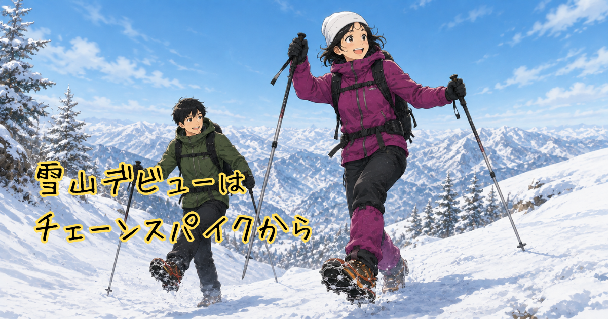 雪山をチェーンスパイクで援助資する二人のイラスト