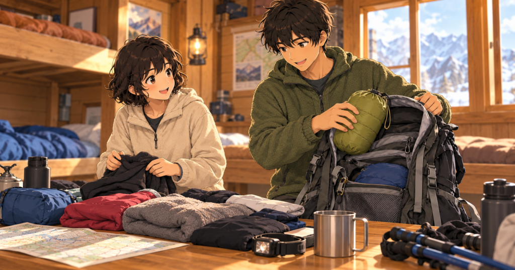 山小屋泊のための荷造りをする二人のイラスト