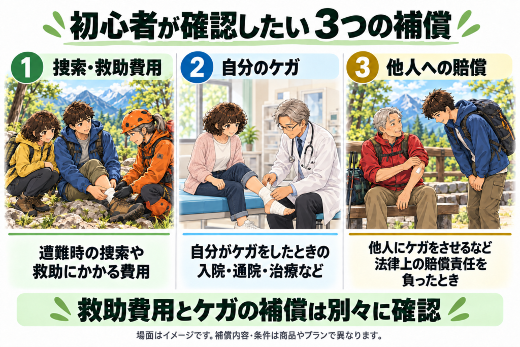 登山保険で確認したい3つの補償。山での捜索・救助費用、自分のケガの入院・通院・治療、他人への法律上の賠償責任を示した図解。補償内容や条件は商品・プランによって異なる。