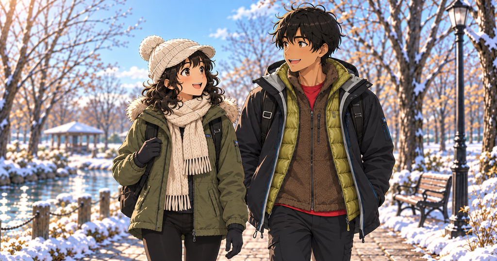 フリース、ダウン、レインウェアを重ね着した男性と女性のイラスト