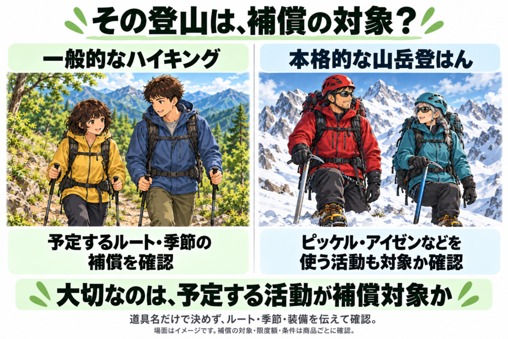 一般的なハイキングと、ピッケル・アイゼンを使う本格的な山岳登はんを比較した図解。料金だけでなく、予定するルート・季節・装備に合う活動が保険の補償対象か確認することが大切。